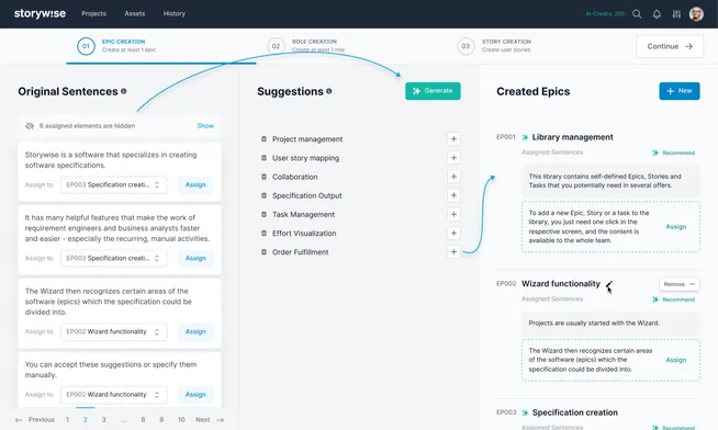 Generate epics &  assign Sentences