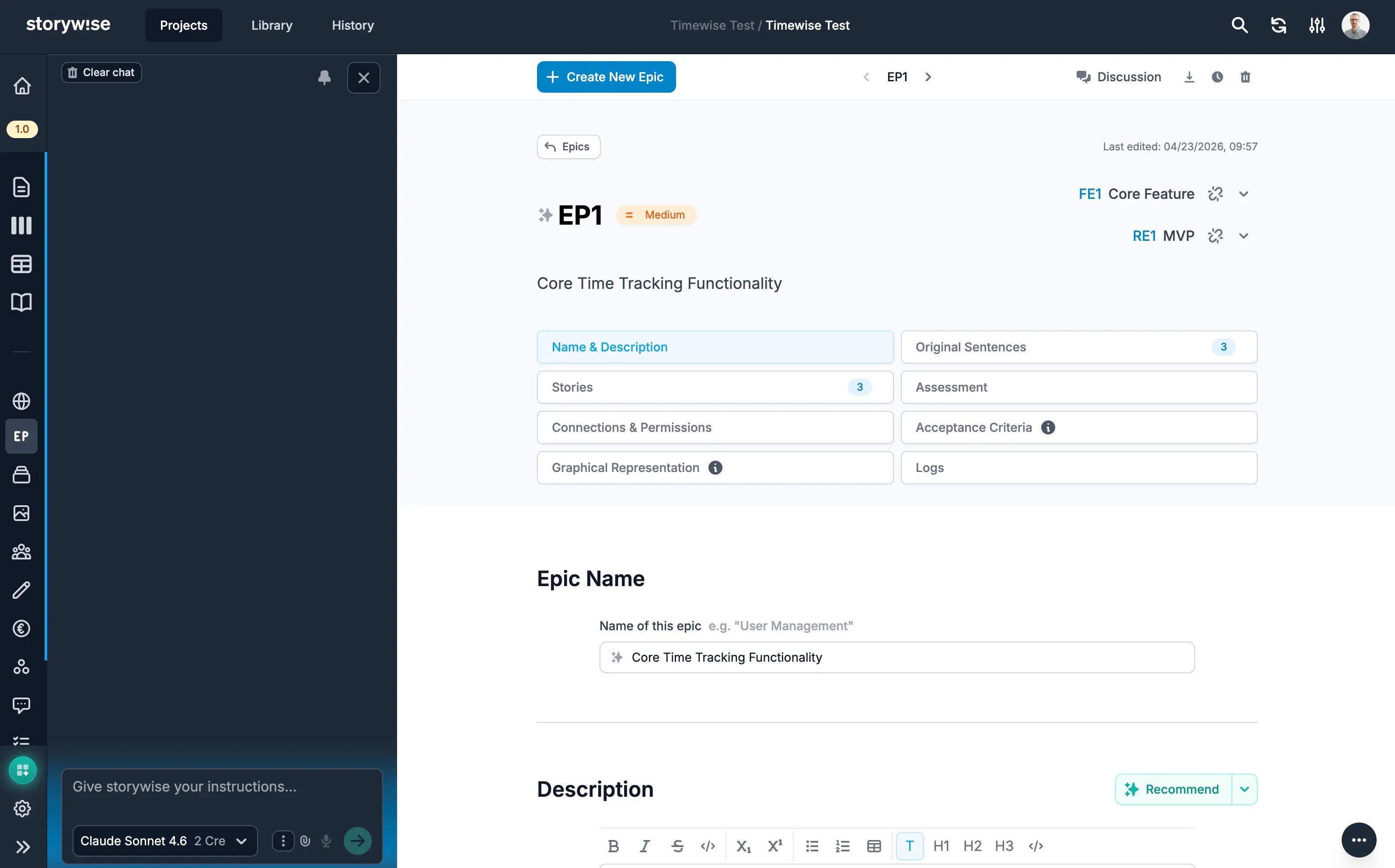 storywise AI chat creating user stories inside a project